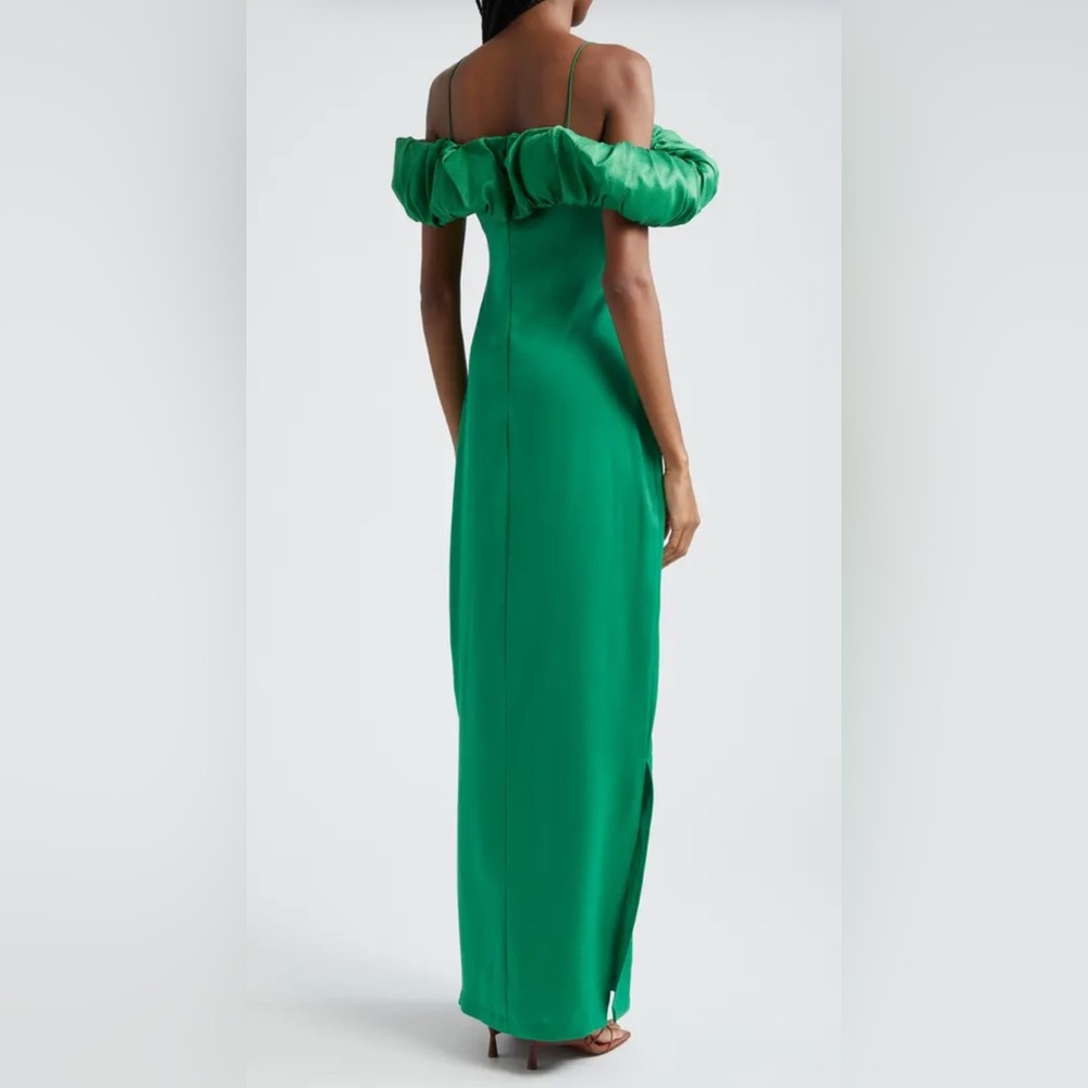 $475 ORIRE Amella Cold Shoulder Column Gown Elegant Green Off-Shoulder SZ 12 - Picture 4 of 10